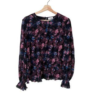 Ganni Floral Pleated Georgette Smock Blouse Purple Size FR 40 US 8-10 M Coquette